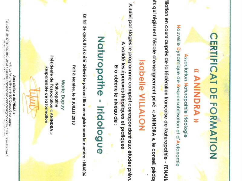 Diplôme de naturopathe et d'iridologue