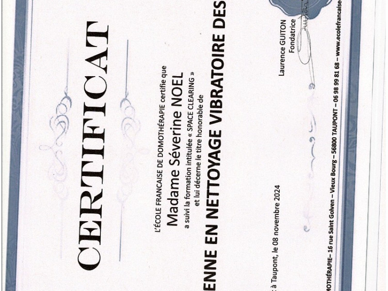 Certificat praticienne en nettoyage vibratoire