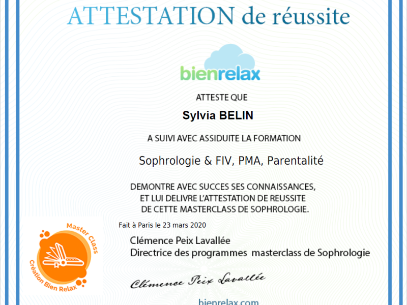 Attestation de réussite Sophrologie et FIV, PMA et parentalité