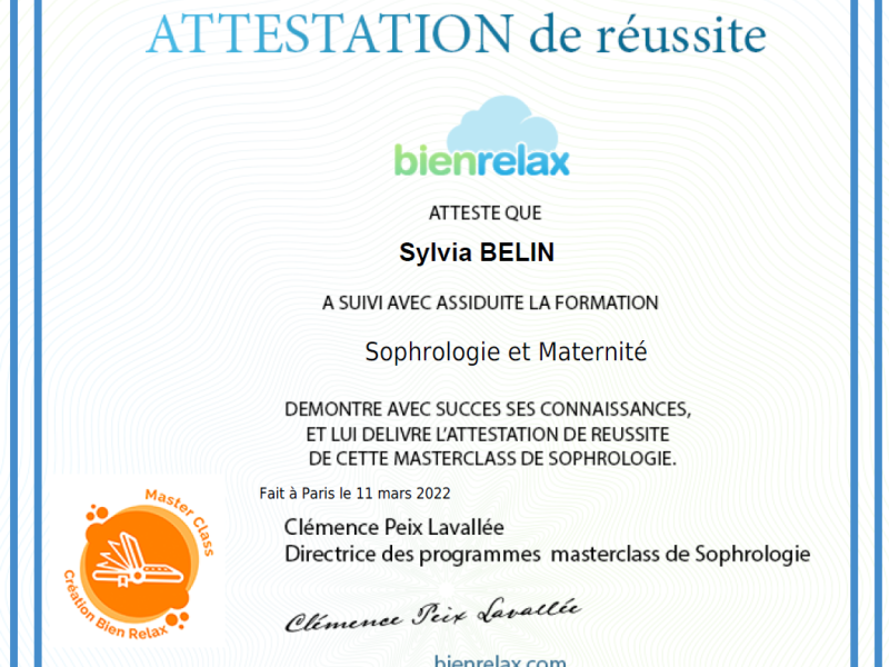 Attestation de réussite Sophrologie et Maternité