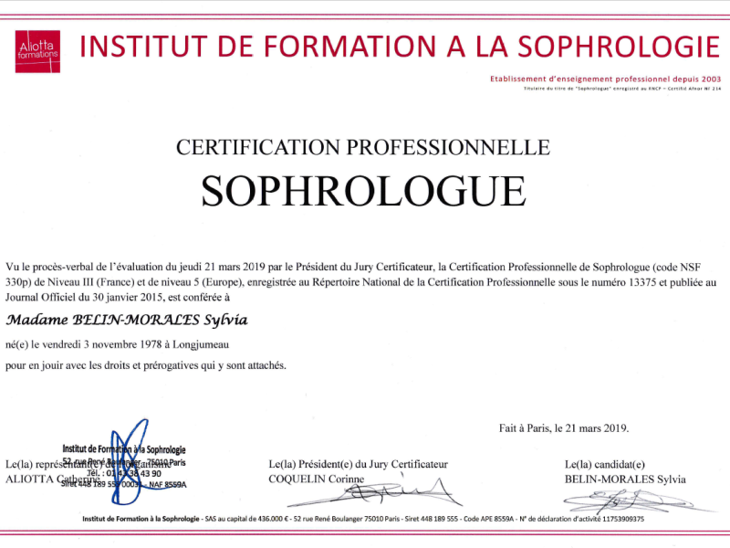 Certification professionnelle Sophrologue