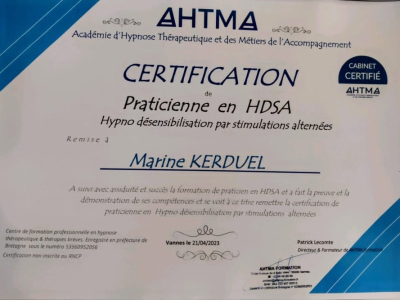 Praticienne en HDSA (Hypno Désensibilisation par Stimulations Alternées)