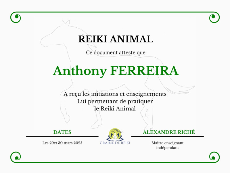 Certificat praticien Reiki animal