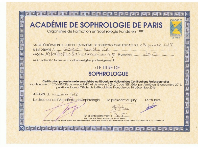 Diplôme de Sophrologue certifiée