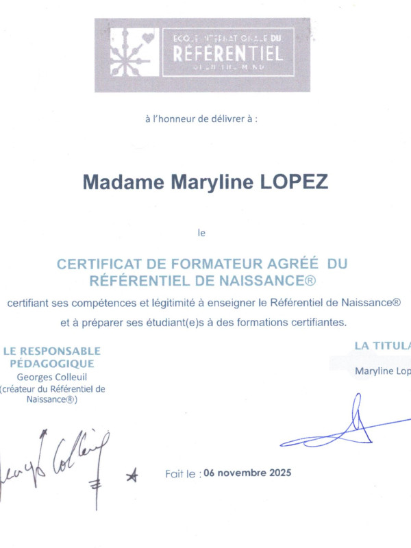 Certificat de formateur agréé du Référentiel de Naissance