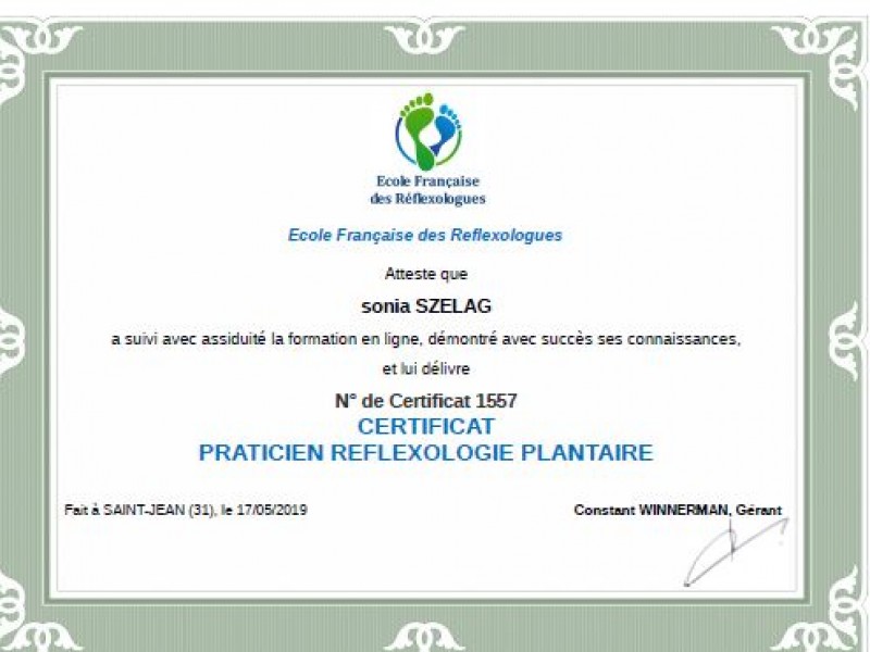 attestion  de fin de formation praticienne en réflexologie