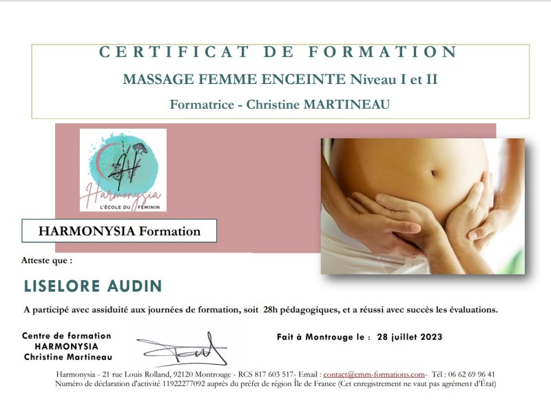 Certificat de formation massage femme enceinte niveau I et II