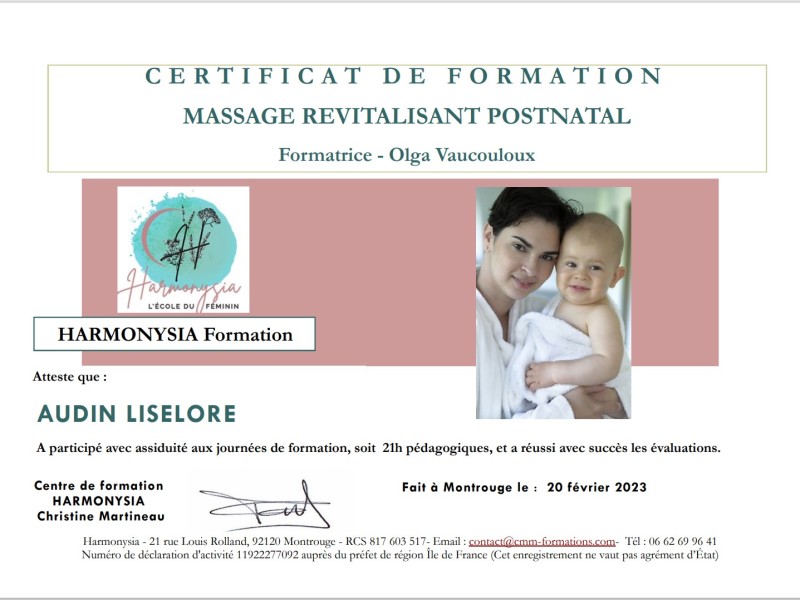 Certificat de formation massage revitalisant postnatal