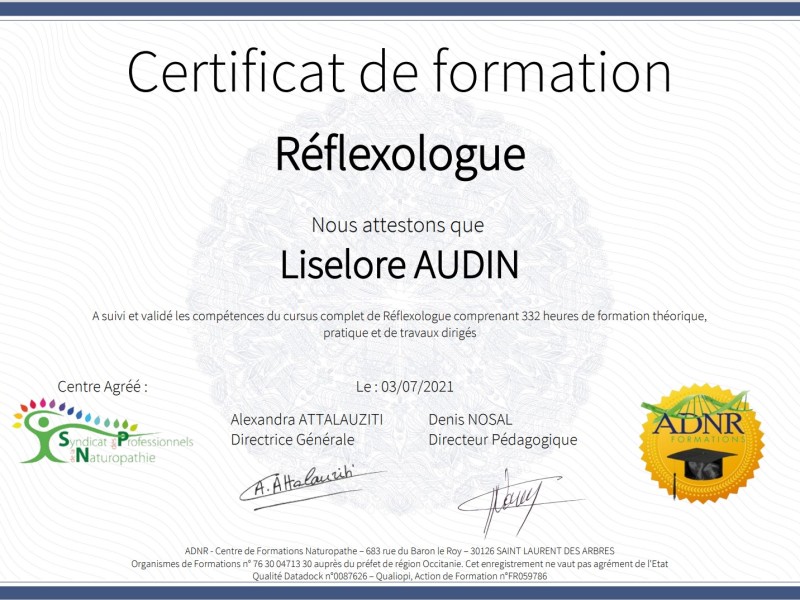 Certificat de Réflexologue