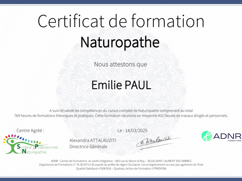 Certification de formation de Naturopathe