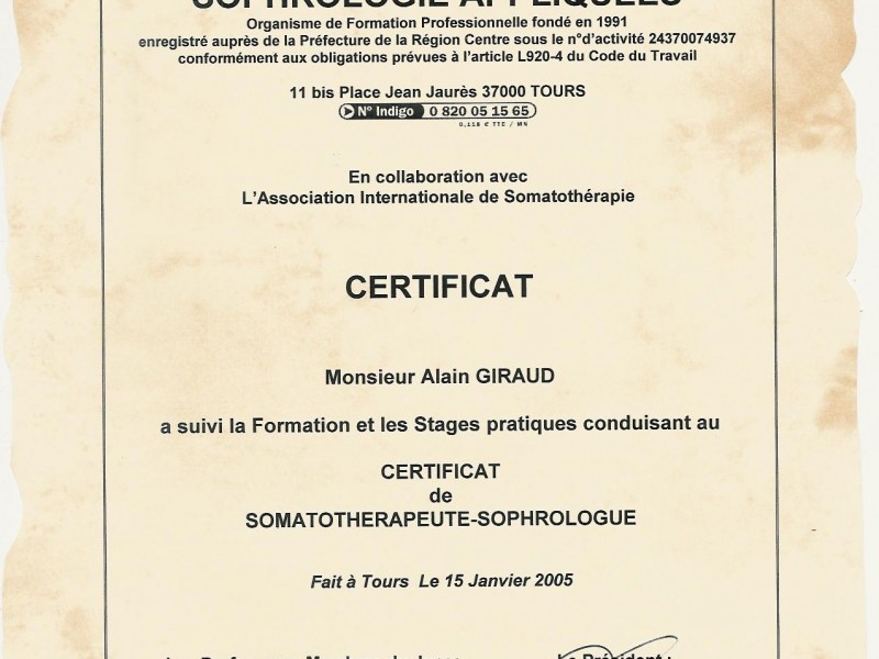 Certificat de Somatothérapeute Sophrologue