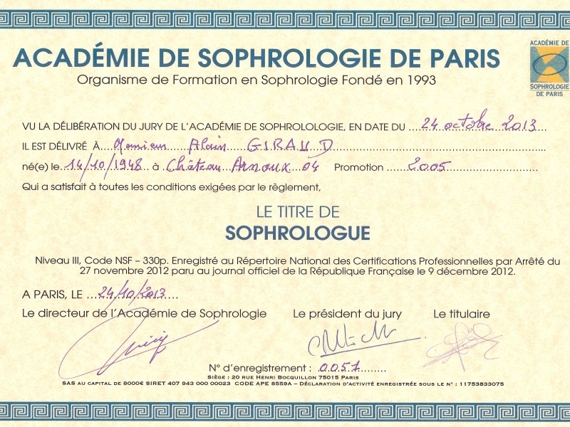 SOPHROLOGUE CERTIFICATION PROFESSIONNELLE RNCP