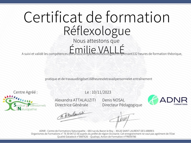 Certificat de formation Réflexologue
