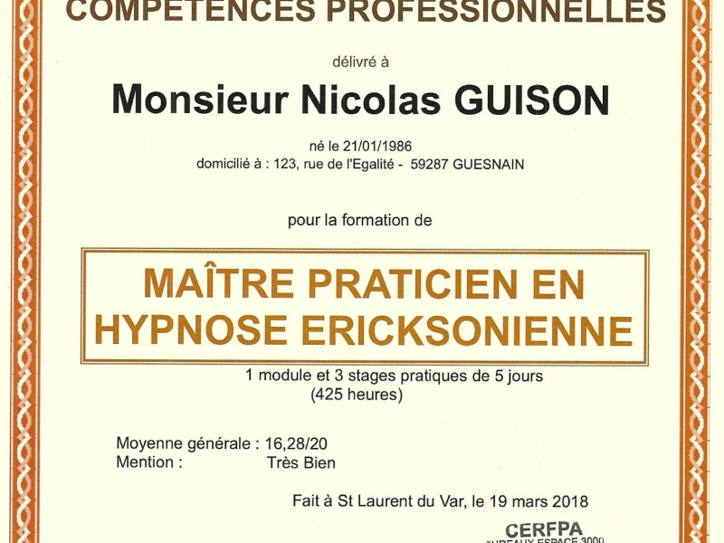 Maitre Praticien en Hypnose Ericksonienne