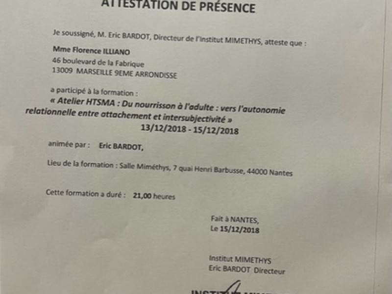 Attestation de Formation HTSMA du Nourrisson à l'Adulte