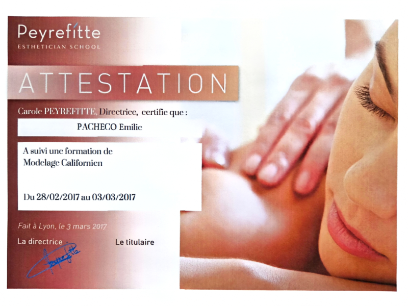 Attestation de formation Modelage Californien