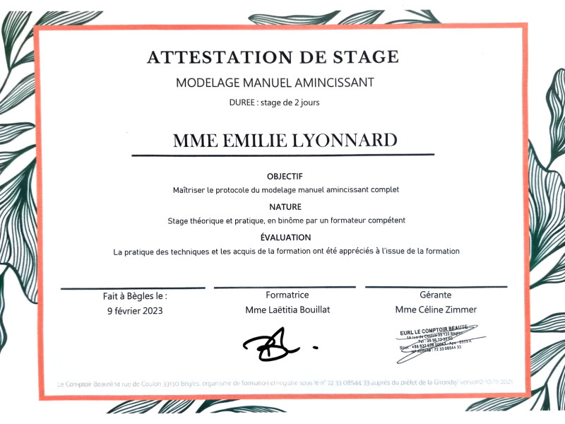 Attestation de stage en Modelage Amincissant