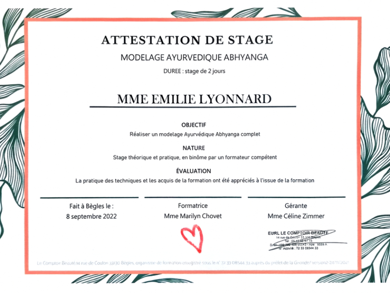 Attestation de stage Modelage AYURVEDIQUE ABHYANGA
