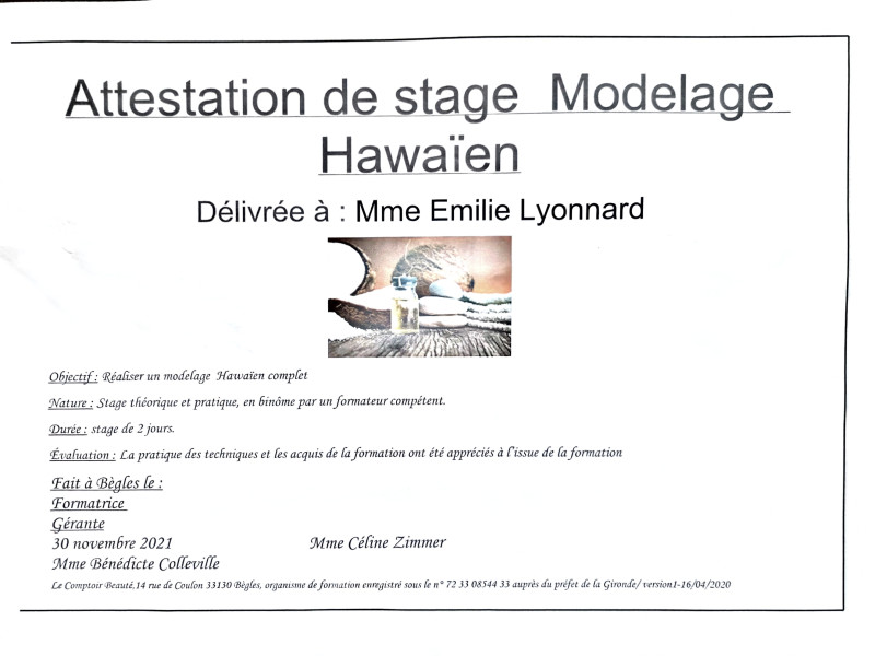 Attestation de stage Modelage Hawaïen
