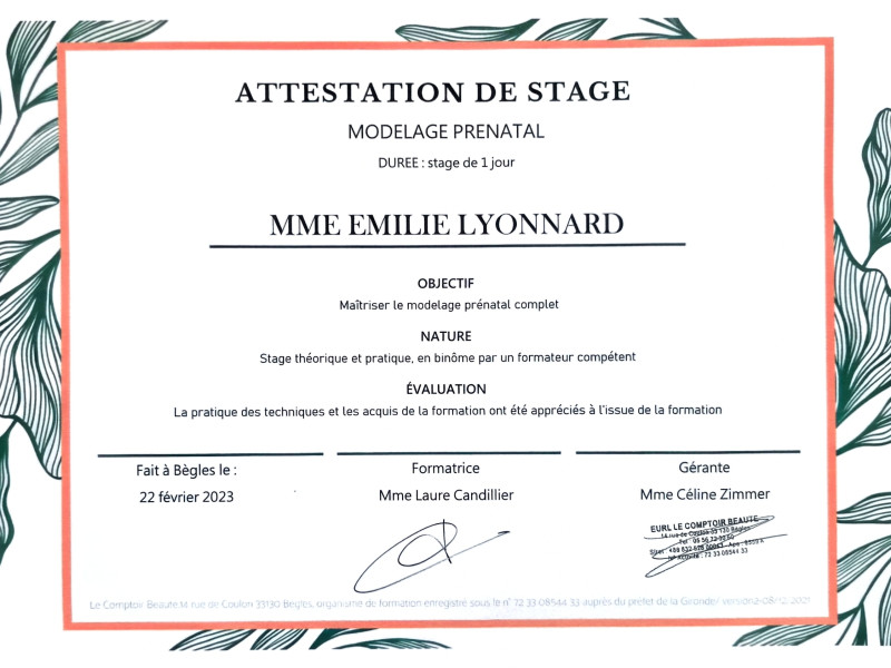 Attestation de stage Modelage Prénatal
