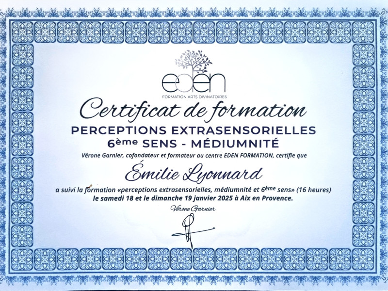 Certificat de formation en Perceptions Extrasensorielles 6eme sens - Médiumnité