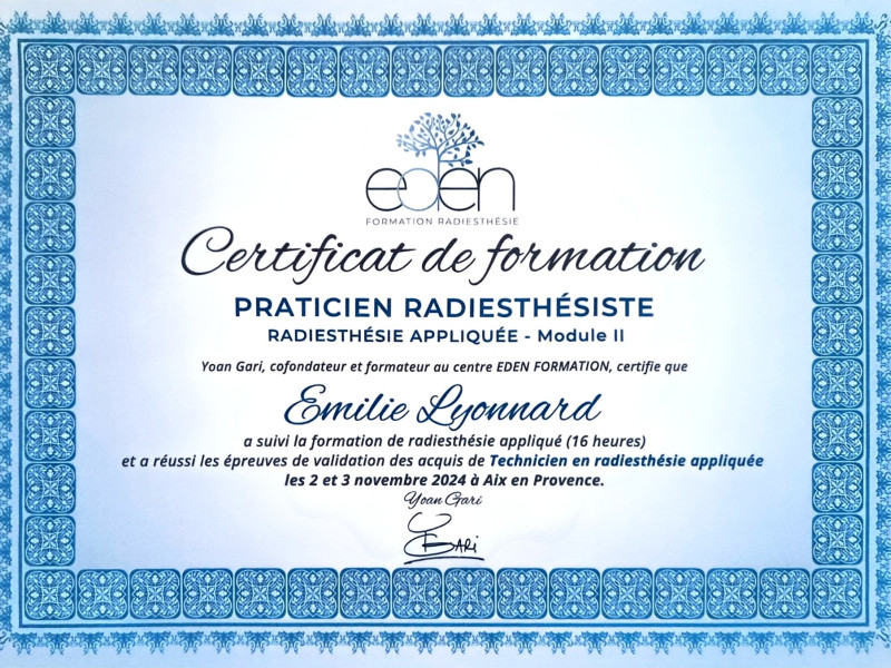 Certificat de formation - Praticien Radiesthésiste - Radiesthésie appliquée - Module 2