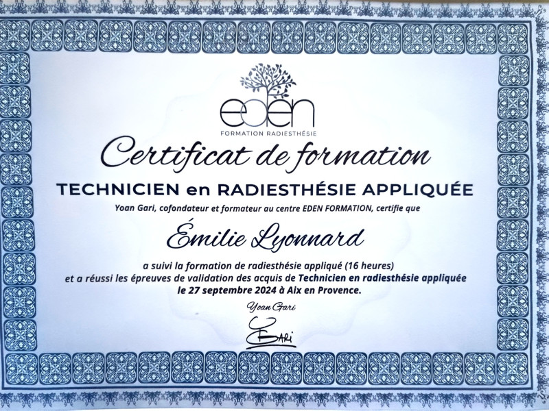 Certificat de formation - Technicien en Radiesthésie appliquée