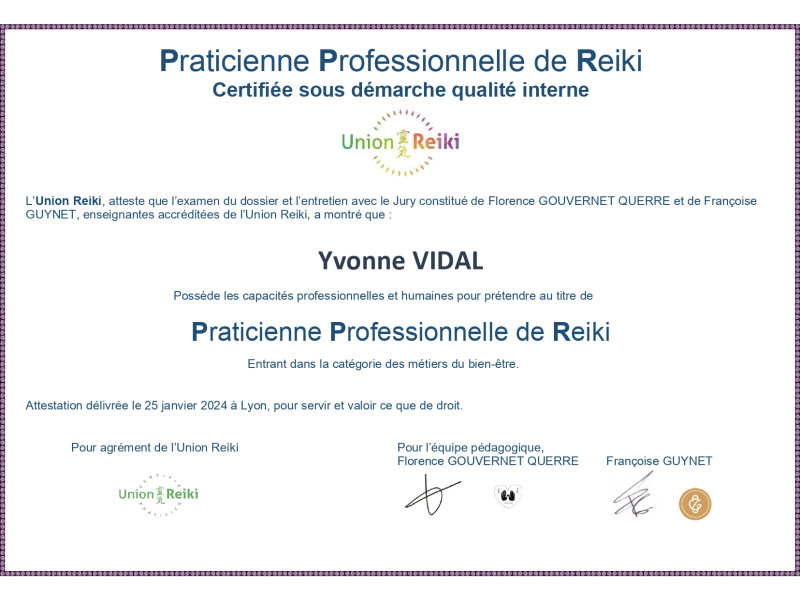 Praticienne professionnelle de Reiki certifiée sous démarche qualité interne