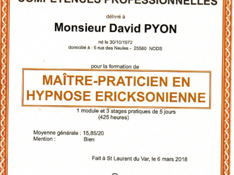 Maitre praticien en hypnose ericksonienne