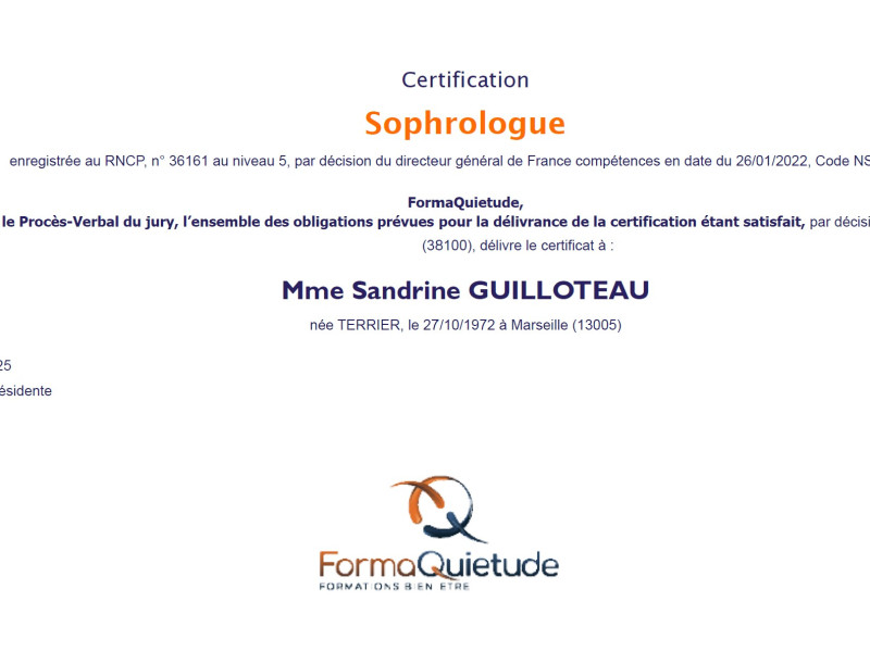 Diplôme de sophrologie certifié RNCP
